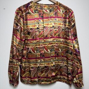 Women Paisley Pleated Silky Blouse Jewel Tone Sheer Long Sleeve Top Equestrian